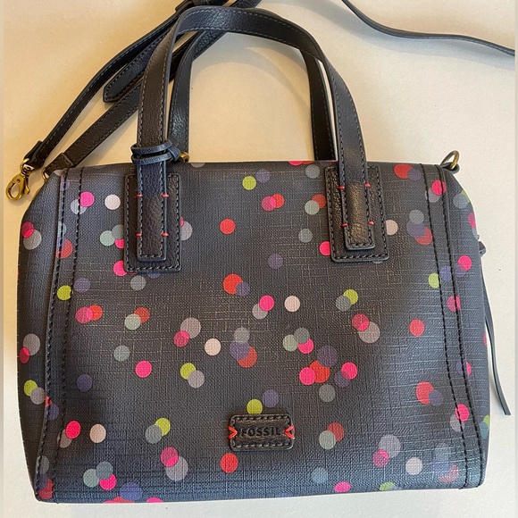 Fossil Handbags - Fossil Navy blue with multi color polka dot Rachel satchel with crossbody strap